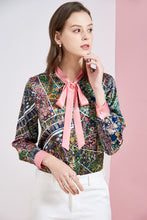 Load image into Gallery viewer, Women&#39;s Silk Runway Shirt Bow Collar Floral Printed Long Sleeves Fashion Blouse Shirt
