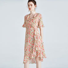 Muatkan imej ke dalam penonton Galeri, 100% Silk Women&#39;s Runway Dresses Sexy V Neck Short Flare Sleeves Ruffles Floral Printed Asymmetrical Fashion Casual Dresses
