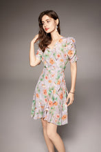 Muatkan imej ke dalam penonton Galeri, 100% Natural Silk Women&#39;s Dresses V Neck Short Sleeves Draped Floral Printed Fashion Summer Dress Vestidos
