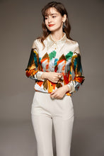 Muatkan imej ke dalam penonton Galeri, 100% Silk Women&#39;s Shirt Turn Down Collar Long Sleeves Printed Elegant Fashion Camisa Blouse Tops
