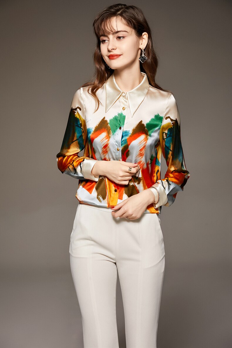 100% Silk Women's Shirt Turn Down Collar Long Sleeves Printed Elegant Fashion Camisa Blouse Tops