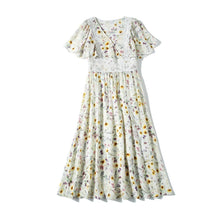 Muatkan imej ke dalam penonton Galeri, 100% Silk Women&#39;s Runway Dresses V Neck Short Sleeves Embroidery Lace Patchwork Printed Fashion Mid Casual Dresses
