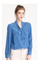 Muatkan imej ke dalam penonton Galeri, 100% Silk Women&#39;s Shirt Bow Collar Long Sleeves Elegant Casual High Street Blouse Shirt
