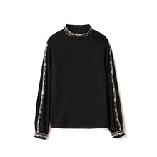 Muatkan imej ke dalam penonton Galeri, 100% Silk Women&#39;s Shirt Vintage Button Stand Collar Long Sleeves Embroidery Elegant Zipper Back Blouse Tops
