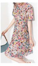 Load image into Gallery viewer, 100% Silk Women&#39;s Dresses O Neck Short Sleeves Floral Printed Piping Fashion Casual Summer Dress
