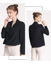 Load image into Gallery viewer, 100% Silk Women&#39;s Shirt Bow Collar Long Sleeves Elegant Casual High Street Blouse Shirt
