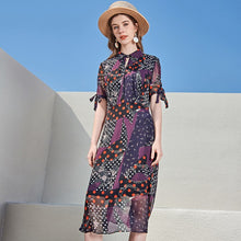 Muatkan imej ke dalam penonton Galeri, 100% Silk Women&#39;s Runway Dresses Turn Down Collar Short Sleeves Bow Detailing Printed Fashion Casual Dresses
