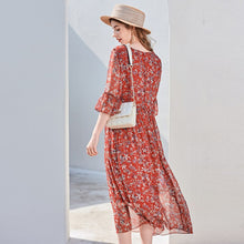 Load image into Gallery viewer, 100% Silk Women&#39;s Runway Dresses O Neck Half Sleeves Ruched Printed Fashion Holiday Dresses
