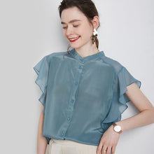 Muatkan imej ke dalam penonton Galeri, 100% Silk Women&#39;s Shirt O Neck Short Flare Sleeves Ruffles Fashion Casual Blouse Tops
