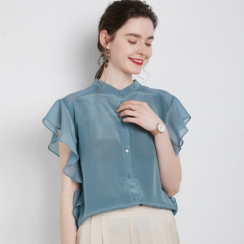 100% Silk Women's Shirt O Neck Short Flare Sleeves Ruffles Fashion Casual Blouse Tops