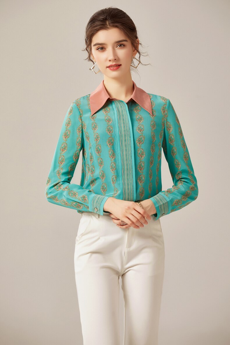 100% Silk Women's Shirt Turn Down Collar Printed Long Sleeves Fashion Blouse Tops