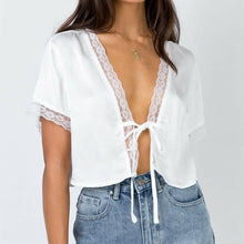 Muatkan imej ke dalam penonton Galeri, Women&#39;s Lace Silk Satin Short Sleeve White Casual Crop Top Shirts
