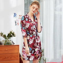 Muatkan imej ke dalam penonton Galeri, New Women Silk Satin Floral Half Sleeve V-Neck Summer Short Nightwear Bath Robe Fashion Daily Soft Casual Sleepdress
